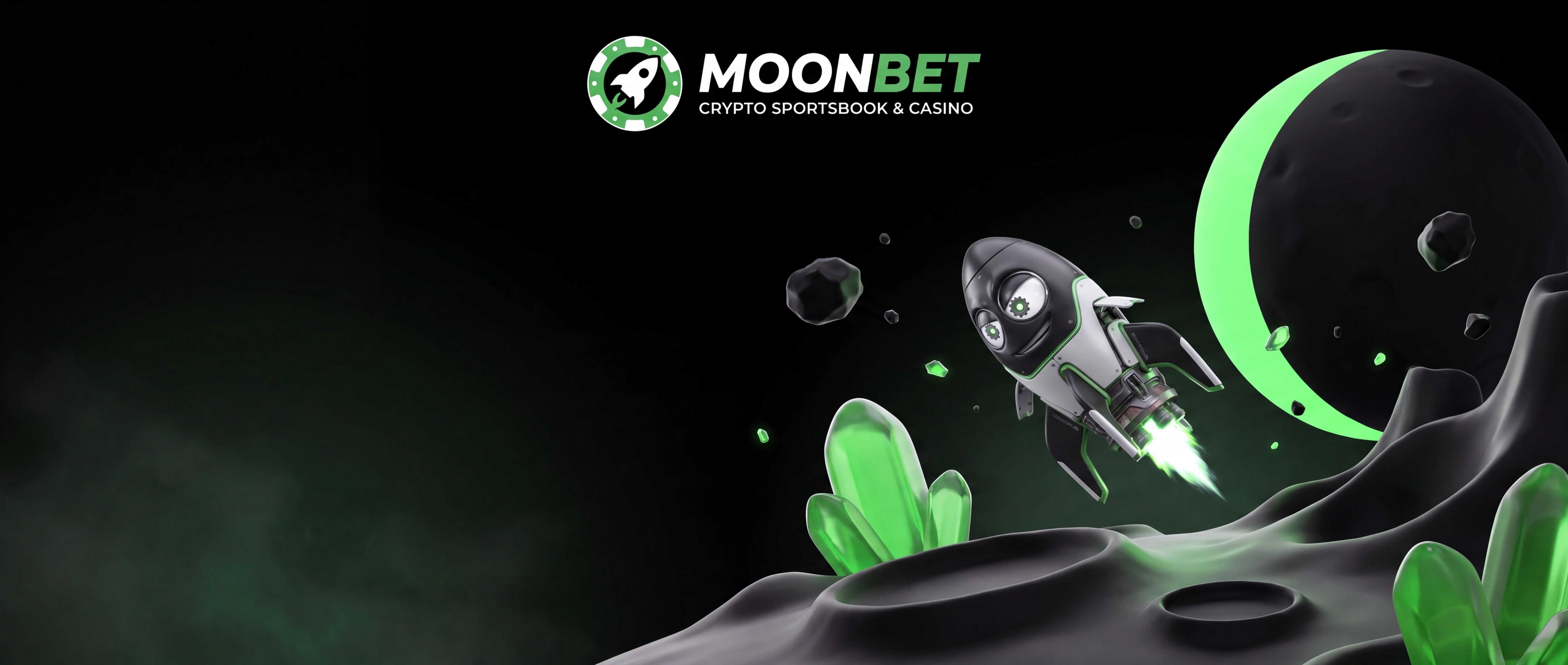 Rocket flying across a lunar landscape towards a green moon